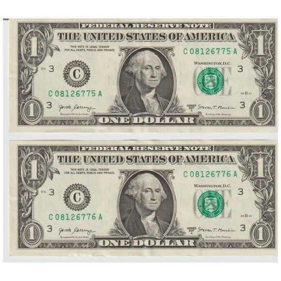 2017A $1 Sequential Fancy Serial Numbers – C08126775A & C08126776A – Pair - Picture 1 of 2